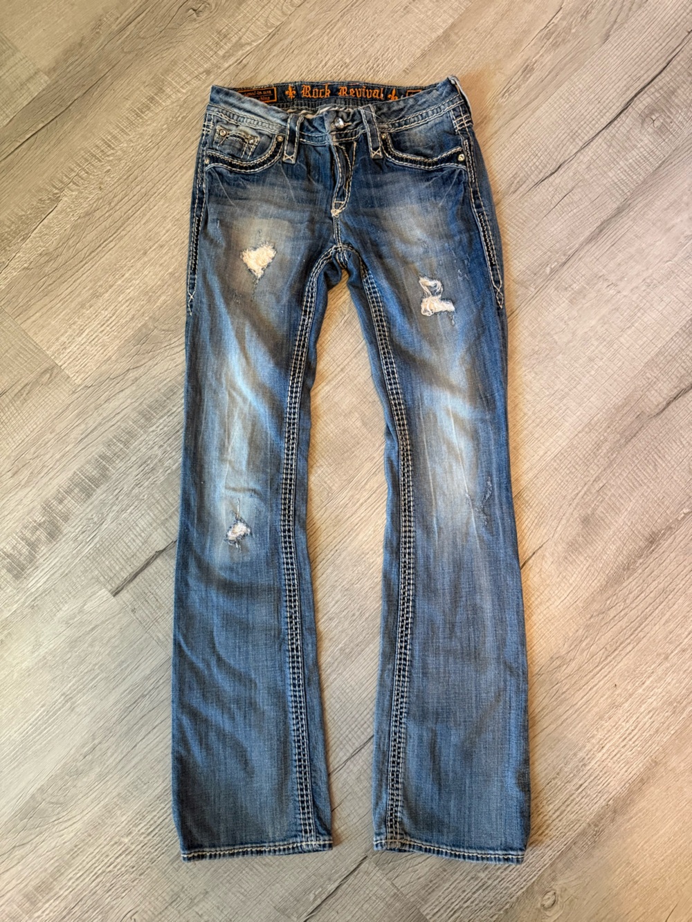 Rock Revival Women's Boot Cut Distressed Blue Jeans